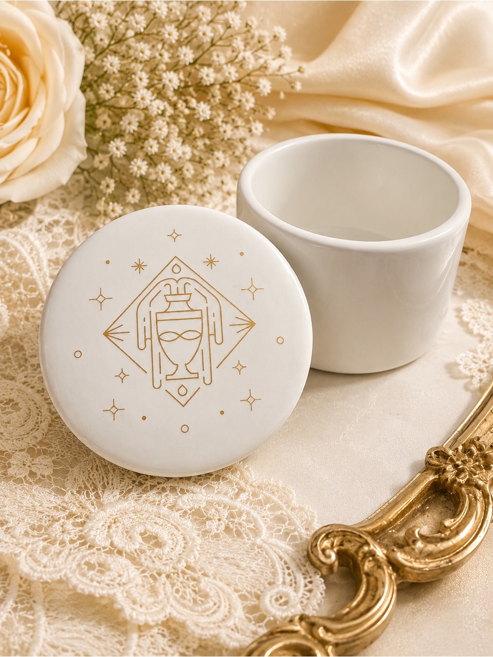 Zodiac Ceramic Storage Jar with Lid | White Gold Astrology Canister | Decorative